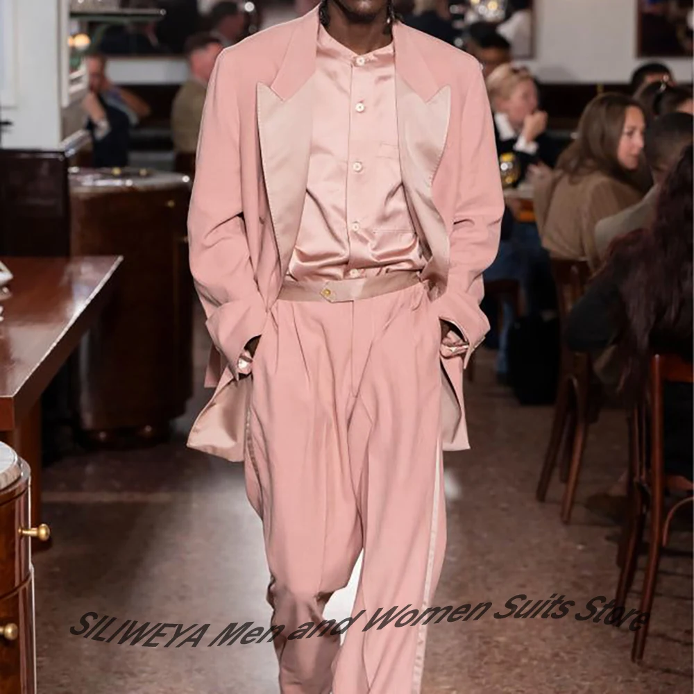 Men's Oversized Pink Satin Trim Suit Set Casual Loose 2Piece Jacket+Pants for Streetwear Luxe Fashion Wedding Party Outfit