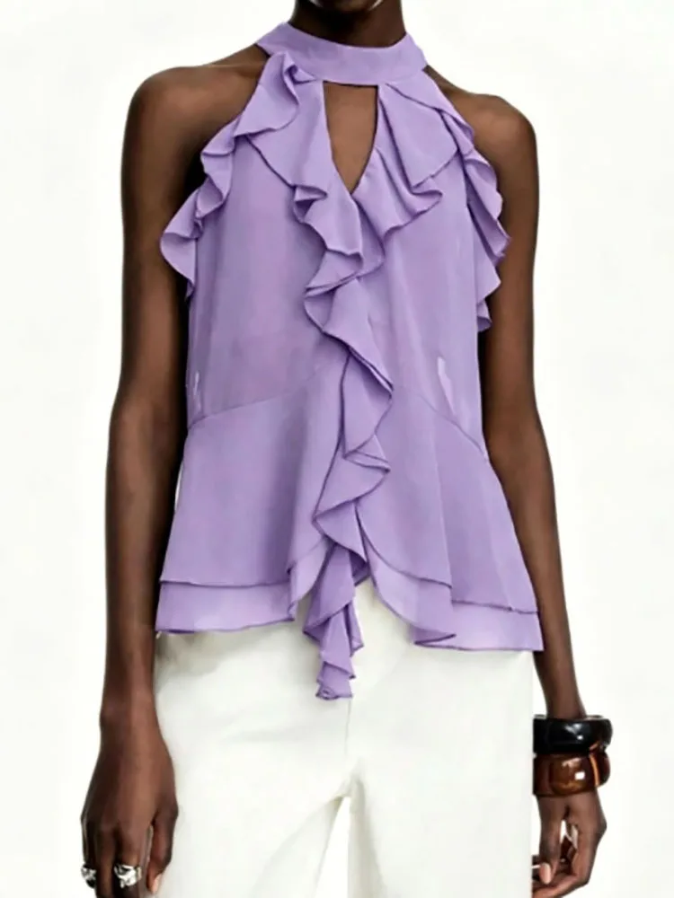 

Sexy O Neck Hollow Out Vest Top 2026 Spring Summer Sleeveless Chiffon Blouses Women Casual Sleeveless Ruffle Beach T-shirt Blusa