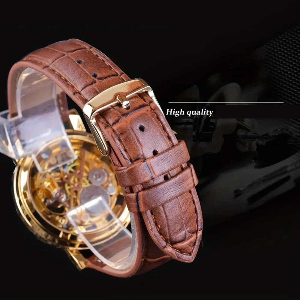 T-WINNER Klassische Skelett-Herrenuhr mit Gravur, hohl, mechanisch, Lederarmband, römische Ziffer, leuchtende Zeiger, lässige Herrenuhr