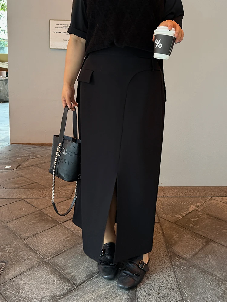 

Black High Waist Asymmetrical Hem Midi Skirt plus Size Women's Fashionable Versatile Meat Concealing Pencil Skirt for Casual ...