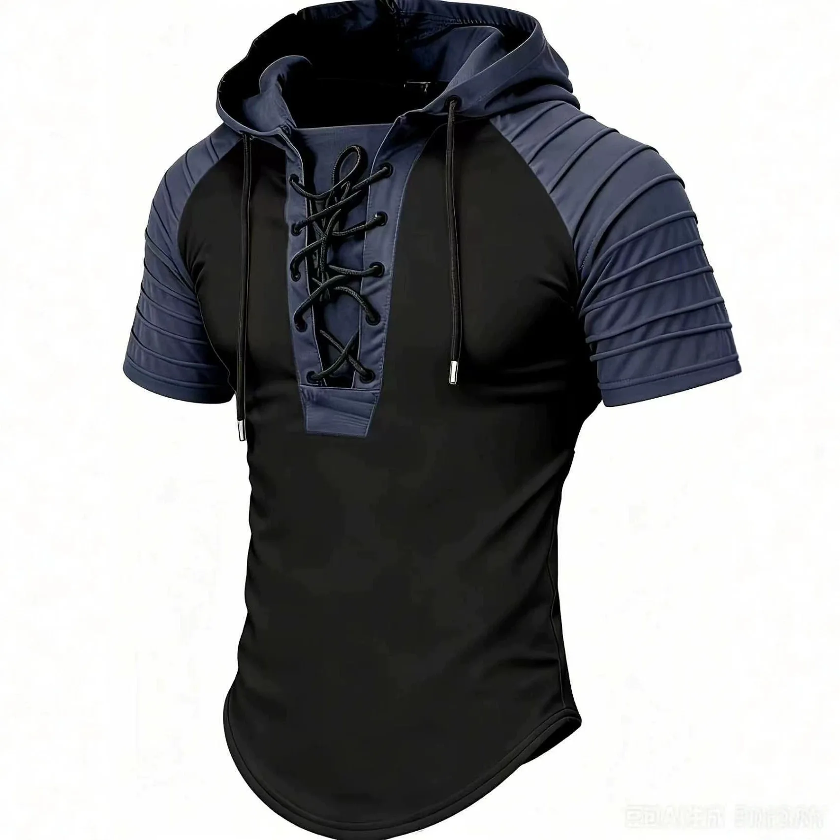 2026 summer new European and American men's casual sports polo shirt with folded arms, hooded drawstring top for men