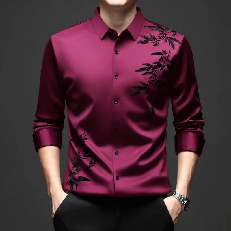 New High-end Men's Shirt with Fleece No-iron Long-sleeved Anti-wrinkle Wrinkle-free and Elastic Casual Shirt Fashion Menswear