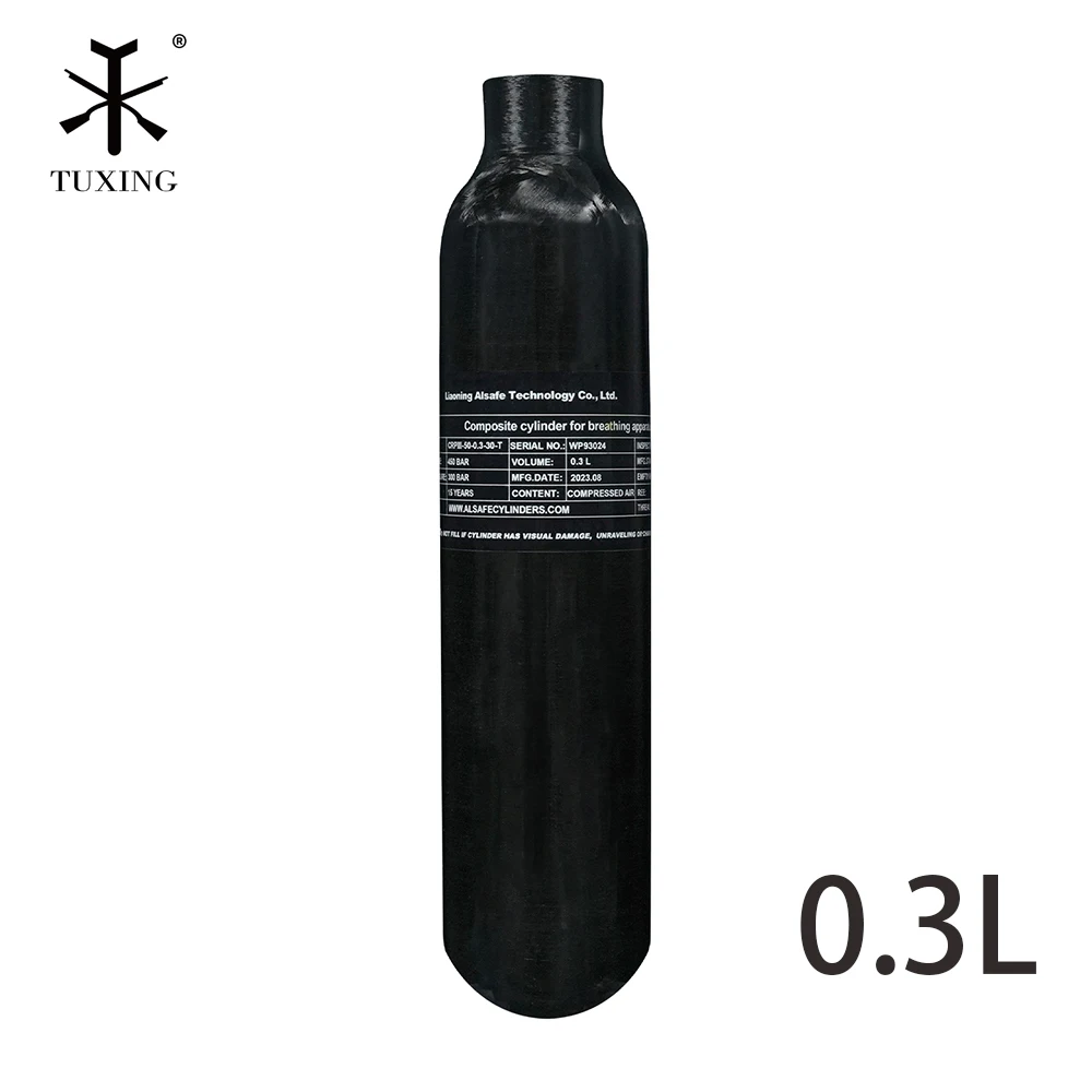 TUXING 4500Psi 300Bar 0.3L 300cc Carbon Fiber Cylinder High Pressure HPA Tank for Mini Diving Scuba Glossy M18*1.5