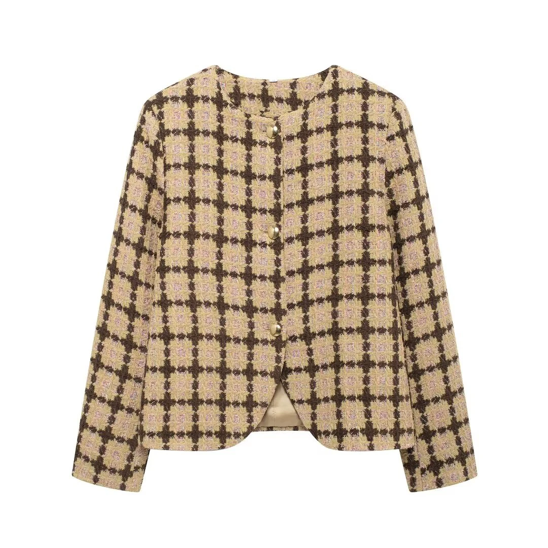 Tangada Women 2024 Plaid Gold Yarn Tweed Crop Blazer Coat Vintage Long Sleeve Female Outerwear BE0314