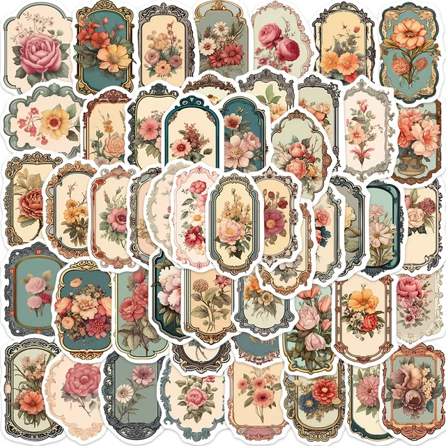 50 sztuk Vintage Flower Mirror Graffiti Stickes, dekoracja gitara Laptop bagaż DIY wodoodporna naklejka