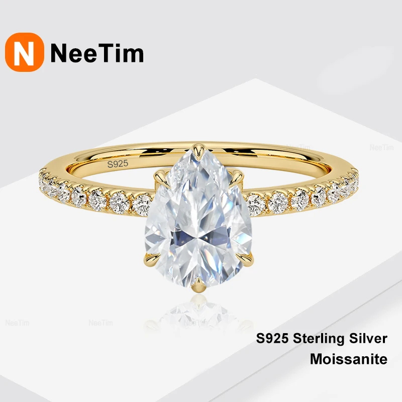 NeeTim 1-5CT Pear Cut Full Miossanite Ring S925 Sterling Silver with Gold Plated Sparkling Wedding Engagement Band for Women