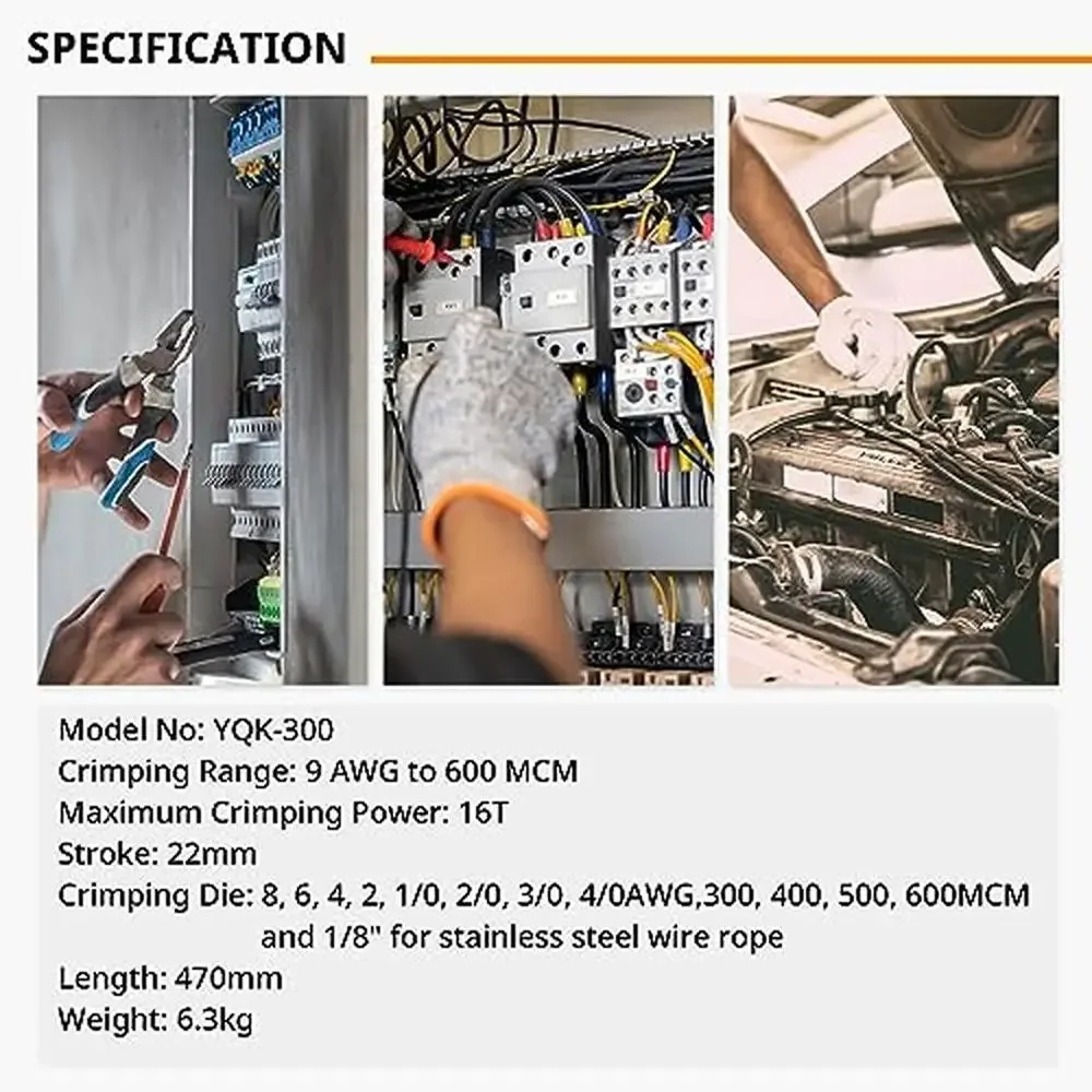 Hydraulic Crimping Tool 16 Ton Range 9AWG-600MCM with 13 Dies Battery Cable Wire Crimper Rotation 360° Yellow Plastic Box