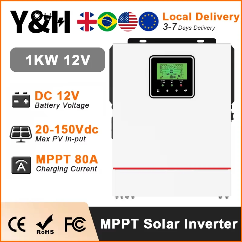 Y&H 1KW Hybrid Solar inverter 12V 220V Pure Sine Wave Hybrid Inverter Built in MPPT 80A Solar Charge Controller Solar Inversor