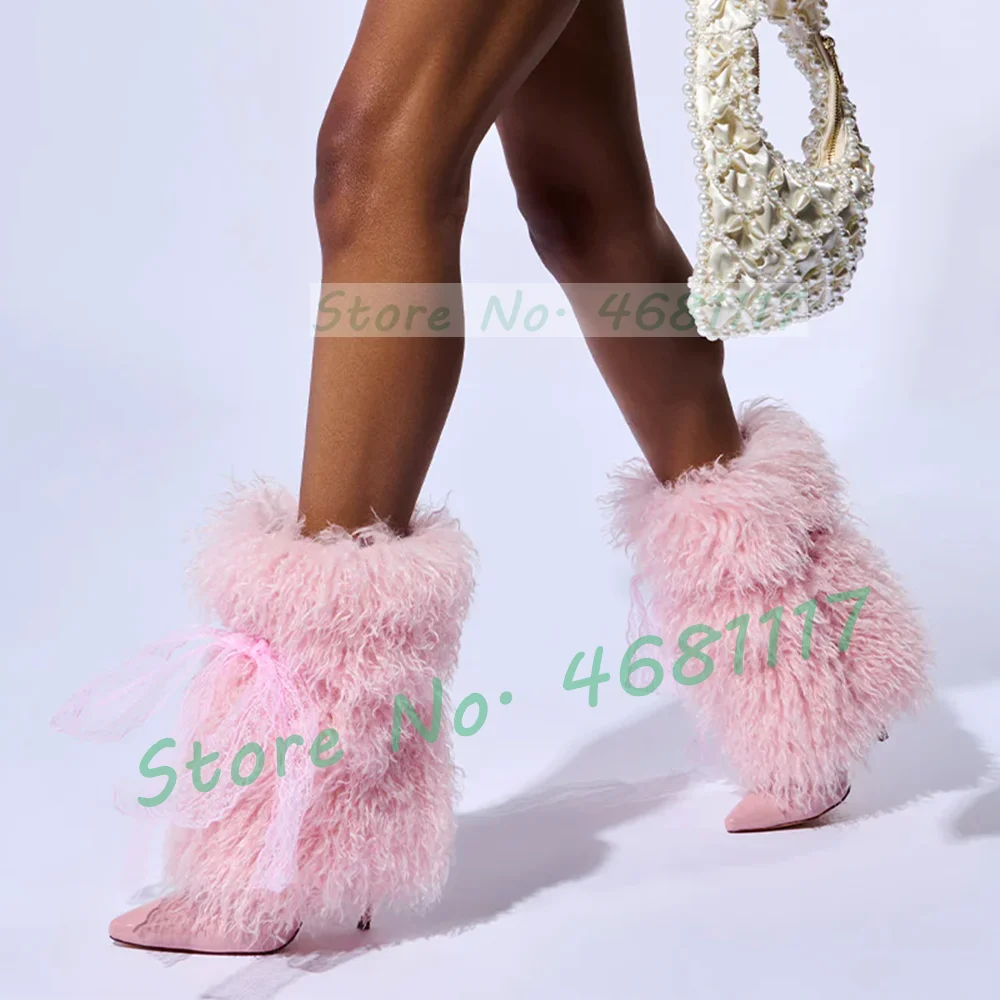 Pink Curly Fur Ankle Boots With Lace Bowknot Women Sweet Pointy Toe High Heels Booties Female Wide Fit Slip On Solid Dress Shoes