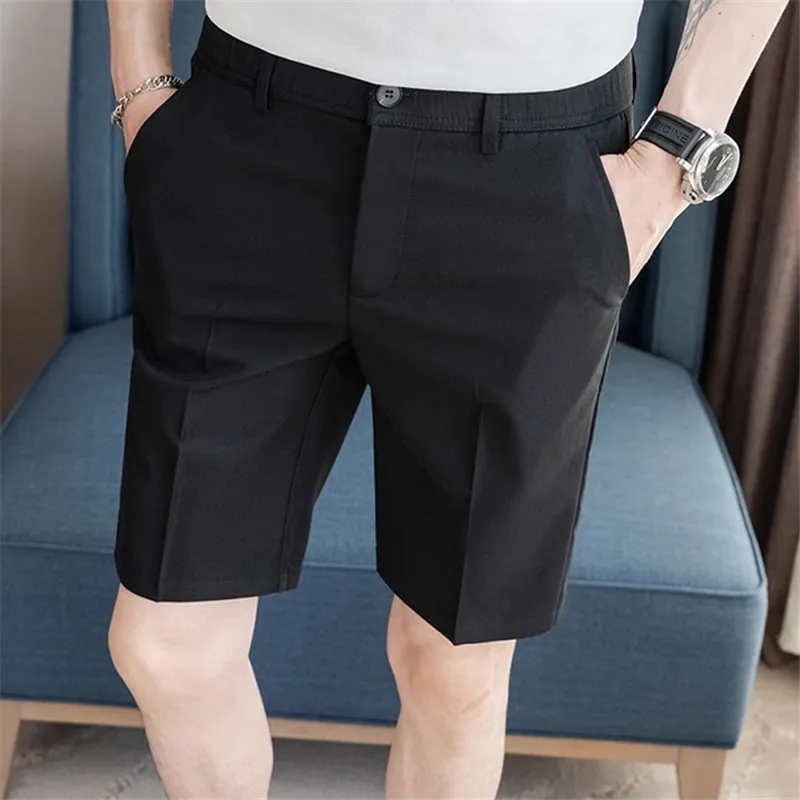 Summer Smart Casual Shorts Men Fashion Solid Color Slim Suit Shorts Mens Dress Office Knee Length Short Pants Male Streetwear