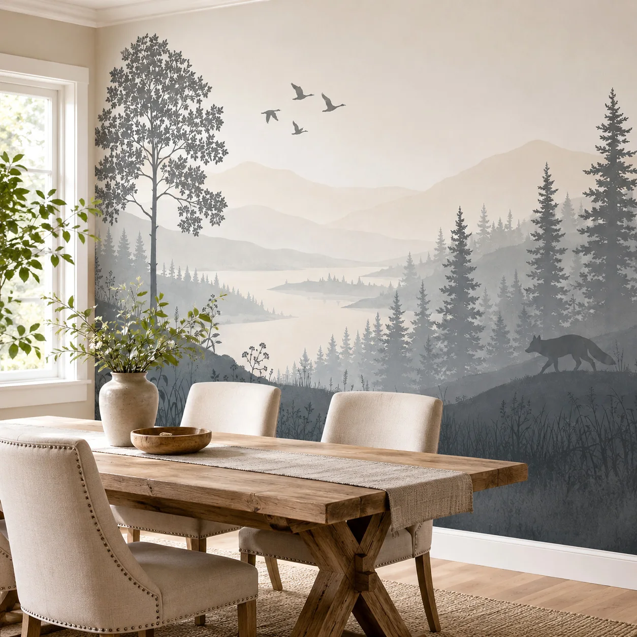 Watercolor Mountain Forest Fox Wall Mural, Lake & Pine Tree Background Wall Decor, Requires Glue Installation
