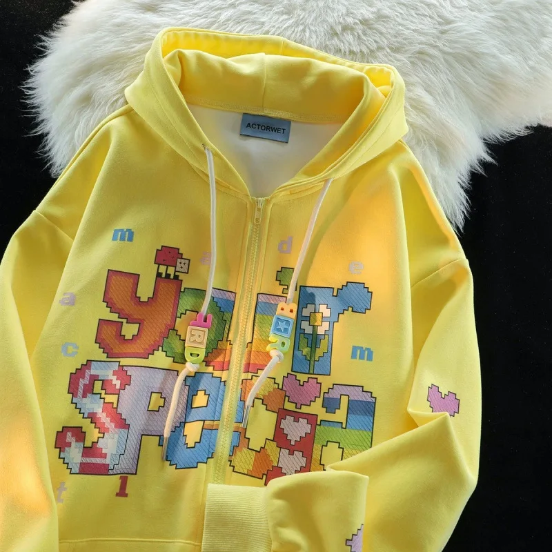 Korean version of color printed letter cardigan jacket women's autumn and winter 2024 retro loose niche design hooded sweater