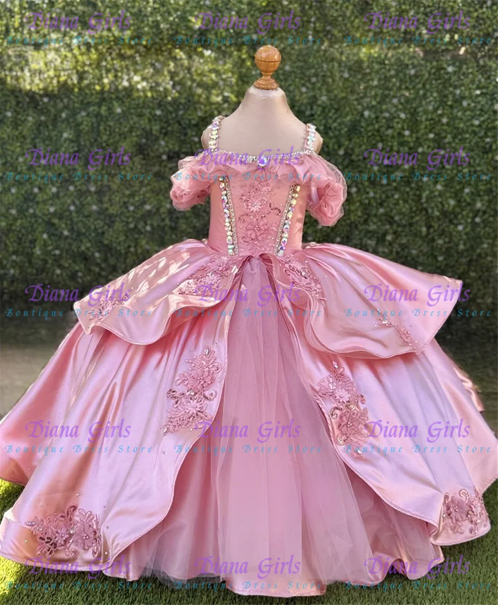 

Gorgeous Quality Flower Girl Dress Pink Satin Fluffy With Applique For Wedding Dresses little Girls Birthday Party Evening Gowns