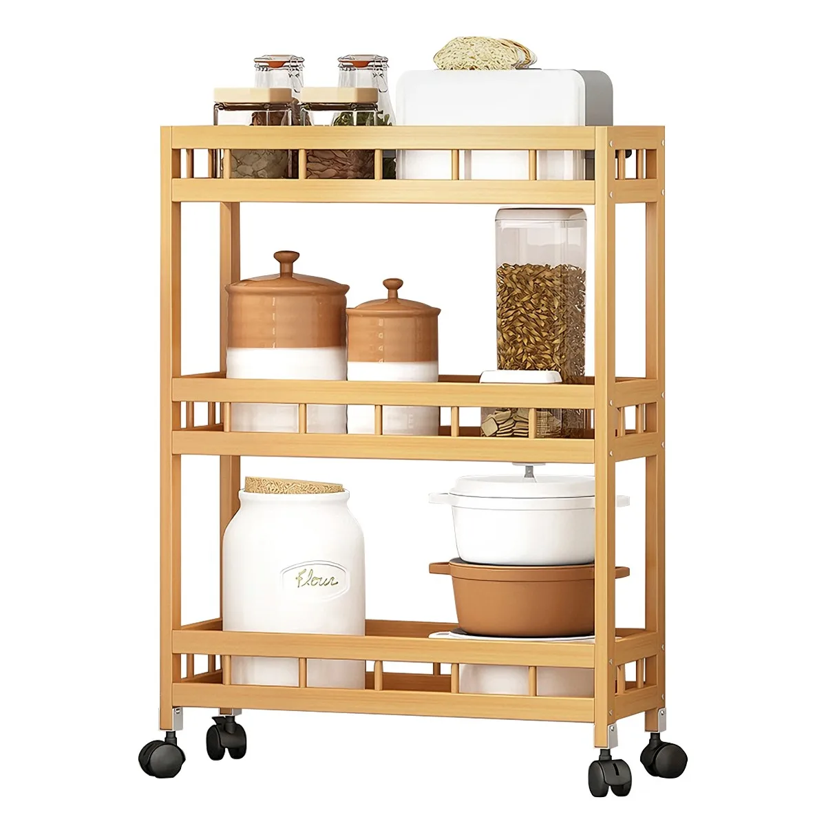 

3-Tier Slim Kitchen Cart on Wheels, 7.1" Wide Bamboo Rack for Narrow Kitchen