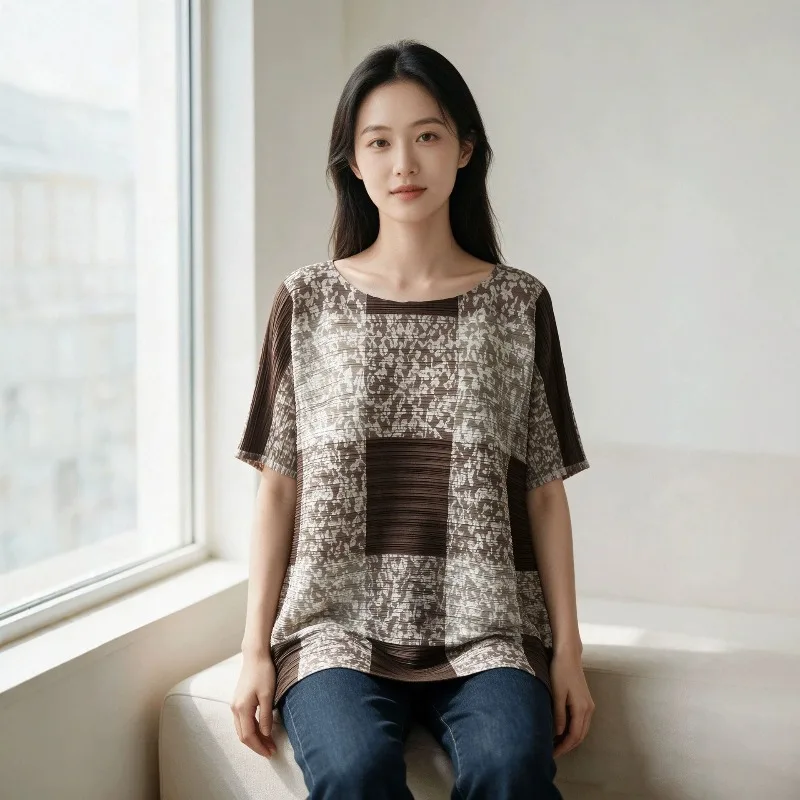 Miyake Pleated Checkered Print T-Shirt 2026 Summer Women Top Round Neck Loose Plus Size Color-Block Plaid Floral Pleats T-Shirt