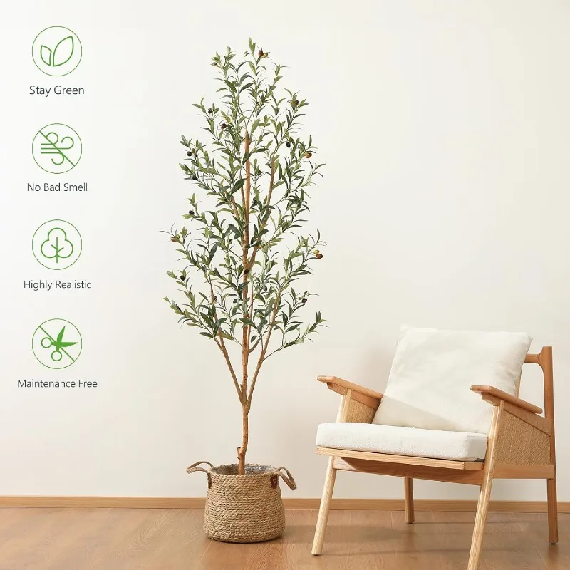 Artificial Olive Tree 6FT Tall Faux Silk Plant for Home Office Decor Indoor Fake Potted Tree with Natural Wood Trunk