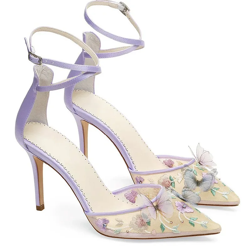 

2026 Women's Pointed Toe Purple Silk Embroidered Flower Chiffon Butterfly High Heel Sandals Bridal Wedding Party Evening Shoes