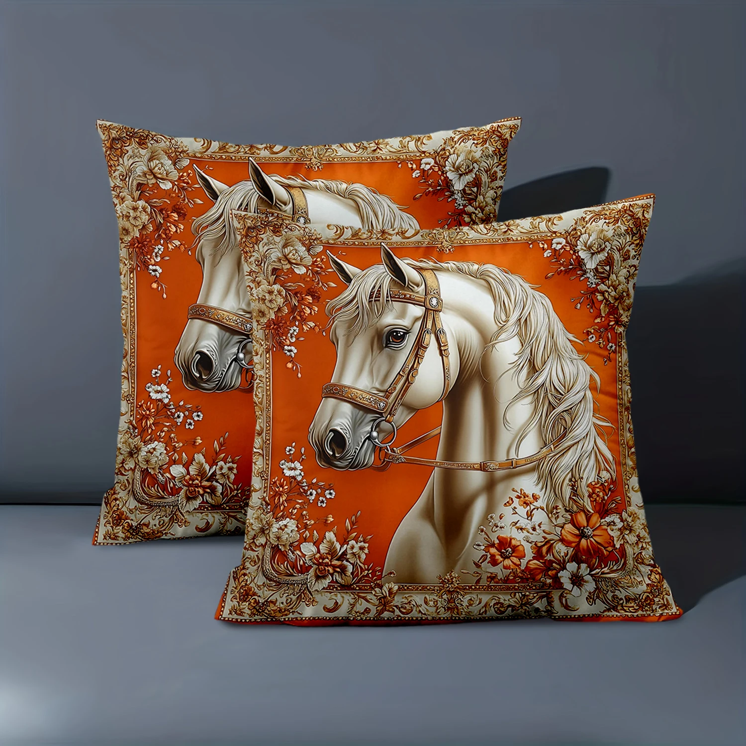 Exquisite Horse Print Orange Floral Decorative Throw Pillow Cover Polyester Sofa Cushion Case for Living Room Home Decor