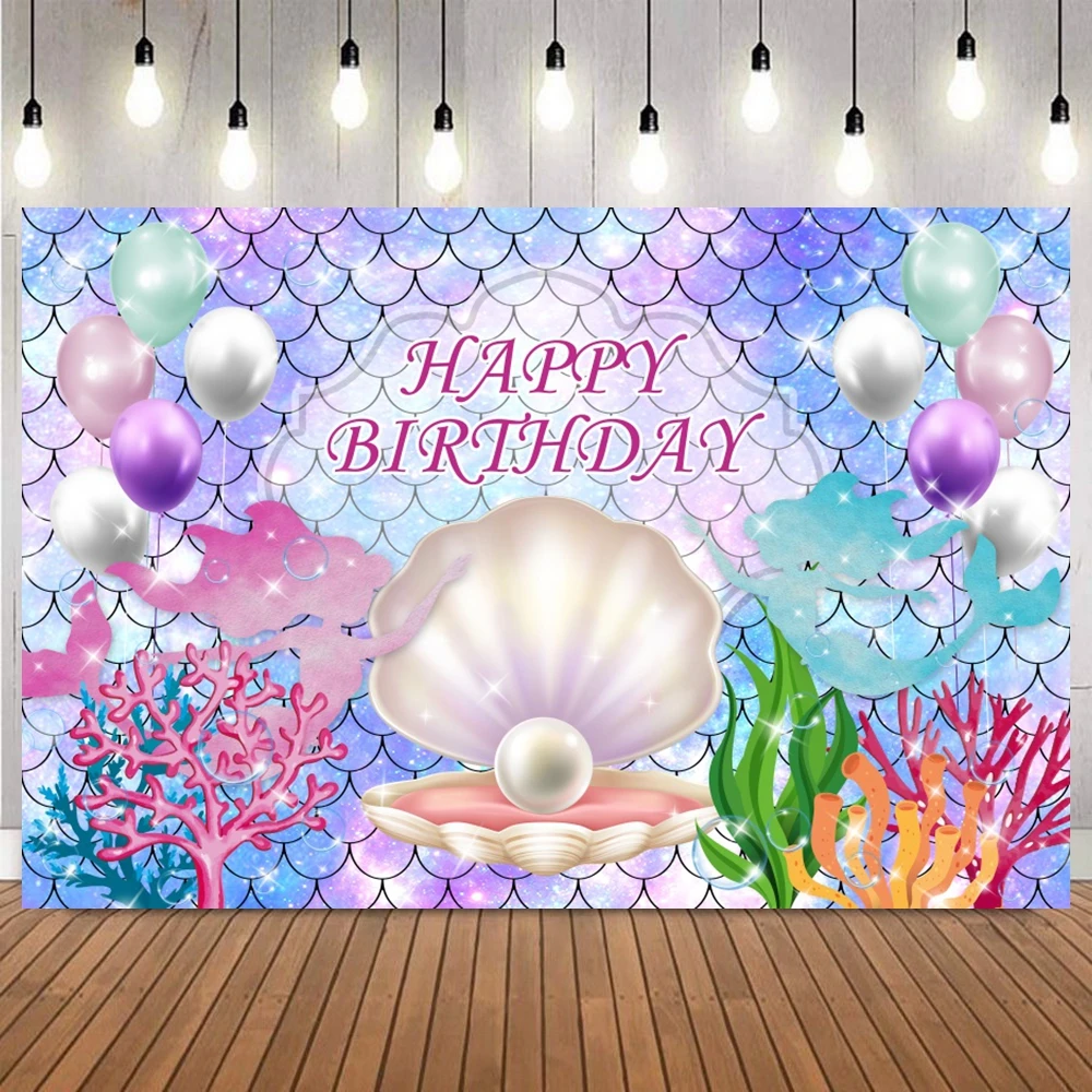 Little Mermaid Theme Girls Birthday Party Backdrop Photography Baby Shower Portrait Decor Wedding Cake Table Photo Backgrounds