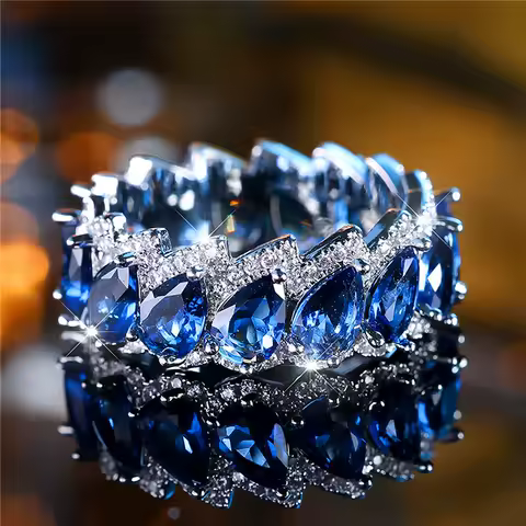 Luxury Female Blue Water Drop Zircon Stone Engagement Ring Trendy Silver Color Bride Wedding Jewelry Gift For Women