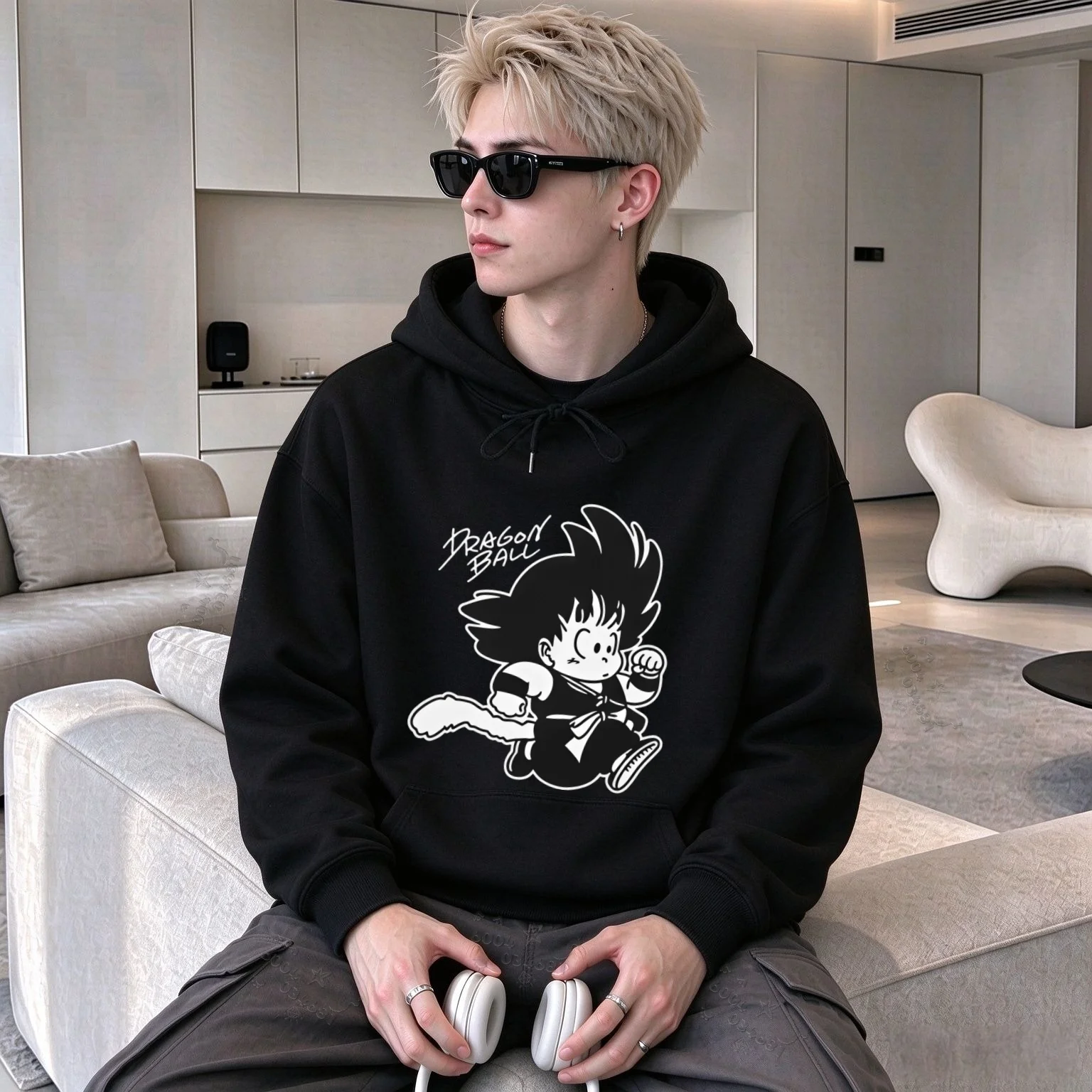 Autumn Winter Mens Pullover Hoodie,Dragon Ball Cute Little Goku Cartoon Graphic Print,Loose Long Sleeve Casual Hooded Sweatshirt