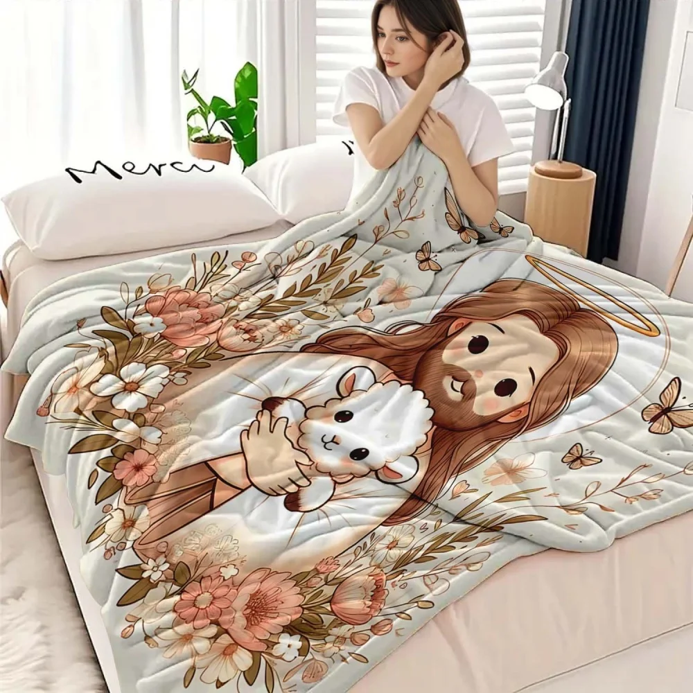 Cute Cartoon Jesus Holding Lamb Print Flannel Throw Blanket Christian Religious Floral Butterfly Multi‑Pattern Soft Lightweight Plush Blanket for Sofa Couch Bed Home Decor