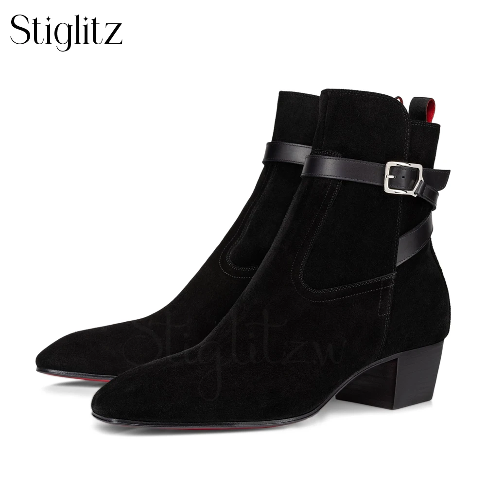 

High Heeled Buckled Booties for Men Leather Trimmed Fashion Ankle Boots Dark Brown Suede Classic Designer Style Booties for Men