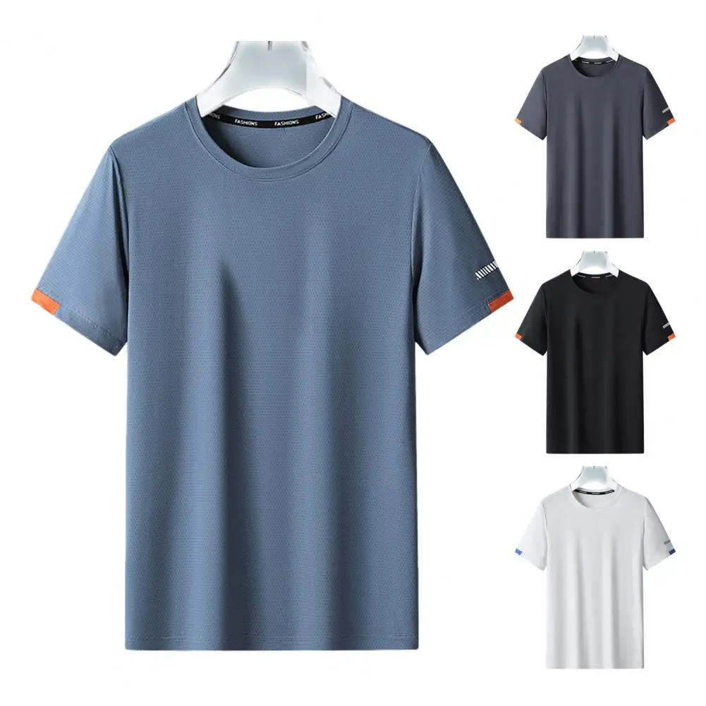 

Men Round Neck T-shirt Men's Summer Breathable Quick Dry Sport T-shirt with Elastic O Neck Soft Fabric for Jogging Running Gym