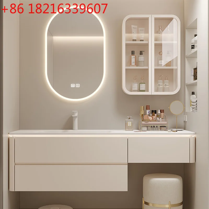 

Кремовый ветер Corian, встроенная раковина, туалетный столик, шкаф для ванной комнаты, комбинированный дубовый унитаз, умывальник