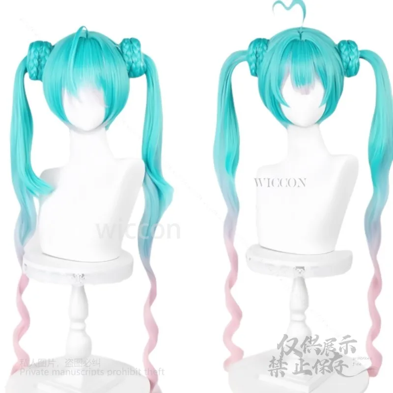 Anime Mikuuu 100cm Long Gradient Blue Pink Subculture Jirai Kei Women Wig Twin Ponytails Heat Resistant Synthetic Kawaii Wigs