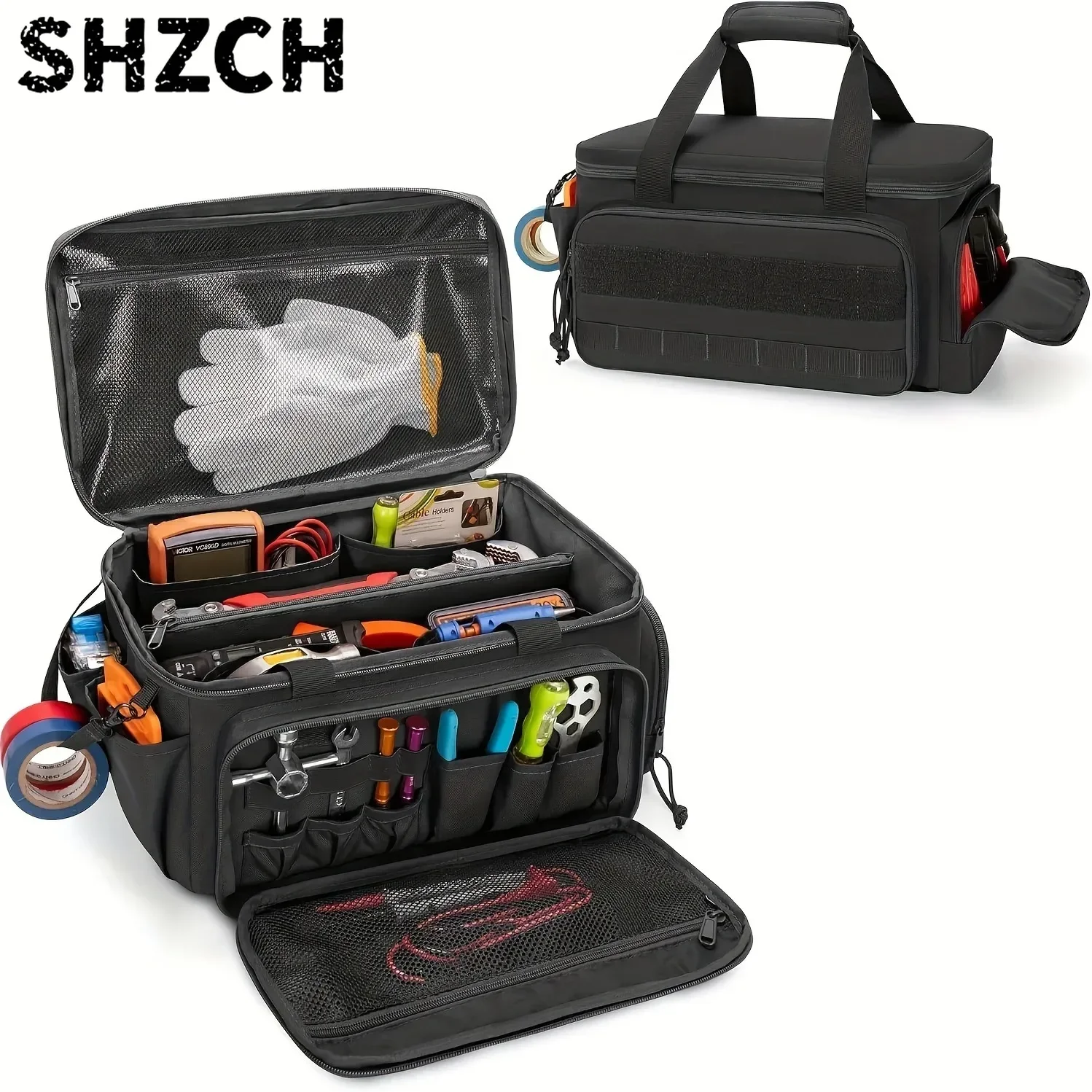 Canvas Tool Tote 14 Inch, Lightweight Electrician Storage Bag, Black Portable Organizer with Zipper for Tools & Hardware