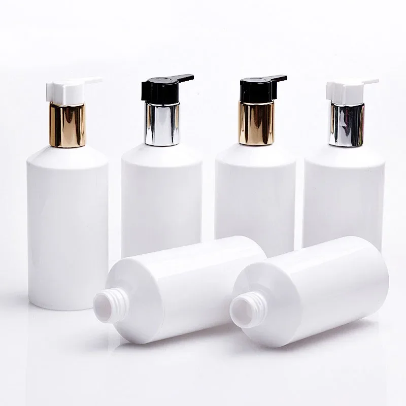 

White 300ML X 20 Lotion Pump Oblique Shoulder Plastic Bottle With Gold/Silver Collar Empty Shampoo Facial Cleanser PET Container