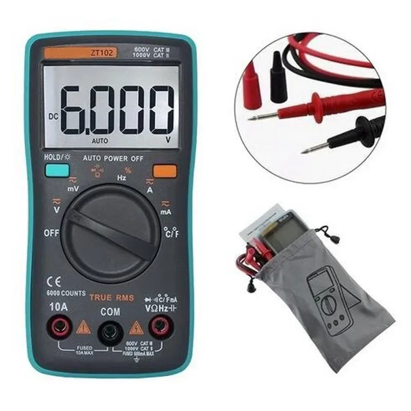 ZT102 True RMS Digital Multimeter Backlit AC/DC Voltage Ammeter Voltmeter Temperature Ohm Frequency Diode Meter Tester Tool