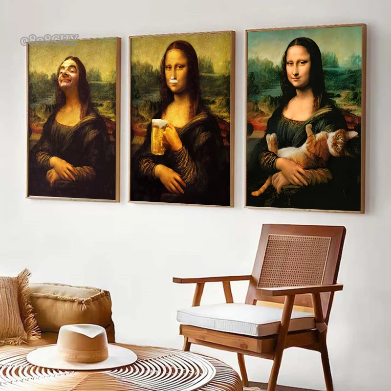 (No frame)Mona Lisa and Cat Posters and Prints Mona Lisa Drinking A Beer Canvas Painting Funny Mona Lisa Mural Wall Art Home