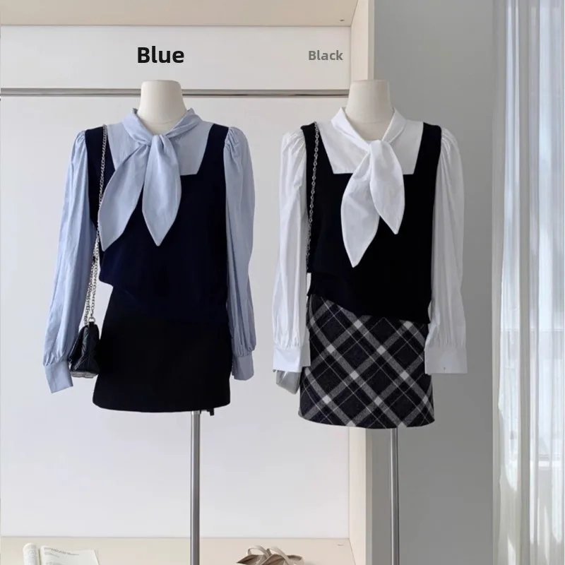 Design Sensation Kaninchen Ohr Fliege Gestrickte Patchwork Lange Sve frauen irt Herbst Vielseitig Bogen Top Koreanische Sle Lose fit