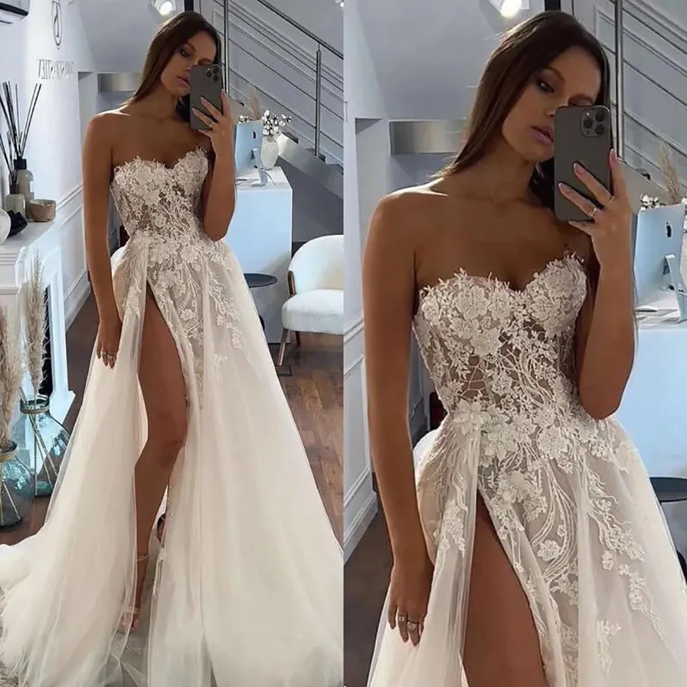 

Elegant Applique Lace Wedding Dress With Sweep Train & Thigh-Slit - Premium Bridal Gown Design