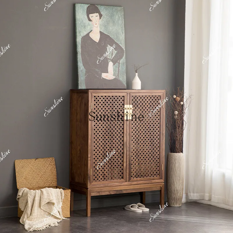 

New Chinese-style large-capacity shoe cabinet, black walnut log Zen-style entrance cabinet, homestay furniture FT