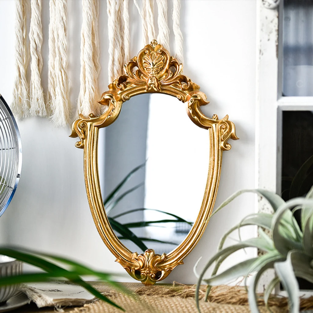 Hanging Makeup Mirror Large European Vintage Bathroom Wall Travel Victorian Baroque Resin Gold Shield Shape Framed Makeup Mirror