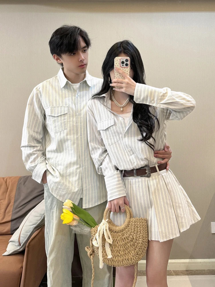 

Couple's Striped Long Sleeve Shirt And Slimming Dress Waist-Cinching Trendy Autumn Wear Loose Fit Youthful Style Button Detail
