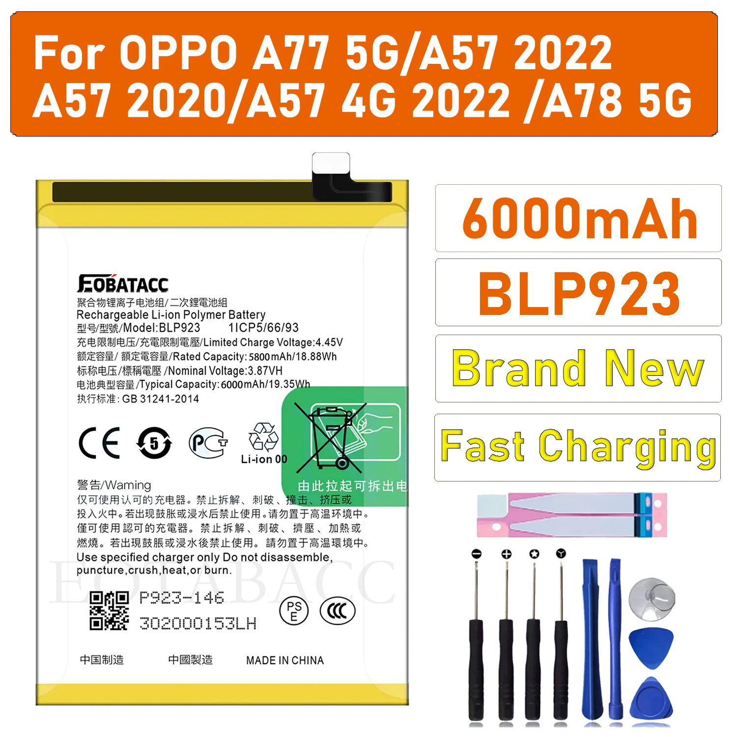 

2026 Years 100% Original BLP923 Battery For OPPO A77 5G/ A57 2022/ A57 2020/A57 4G 2022 /A78 5G Phone Replacement Bateria