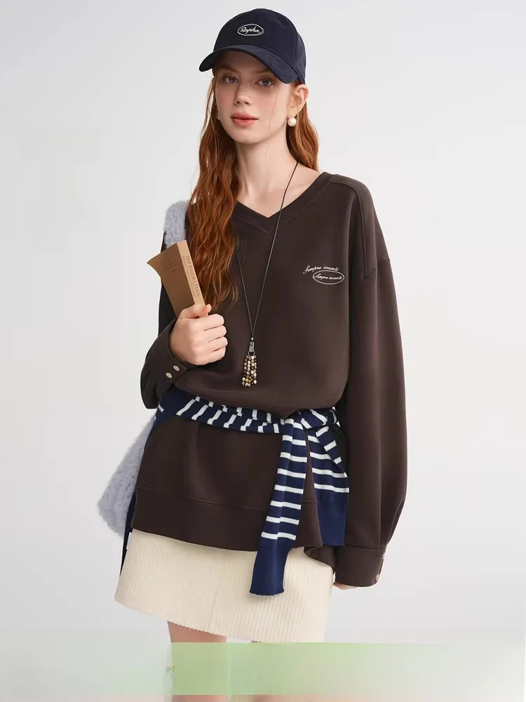 

Женский свитшот большого размера с вышивкой V-Ne, новый зимний универсальный топ, повседневный свободный крой, длинный свитер из смеси хлопка