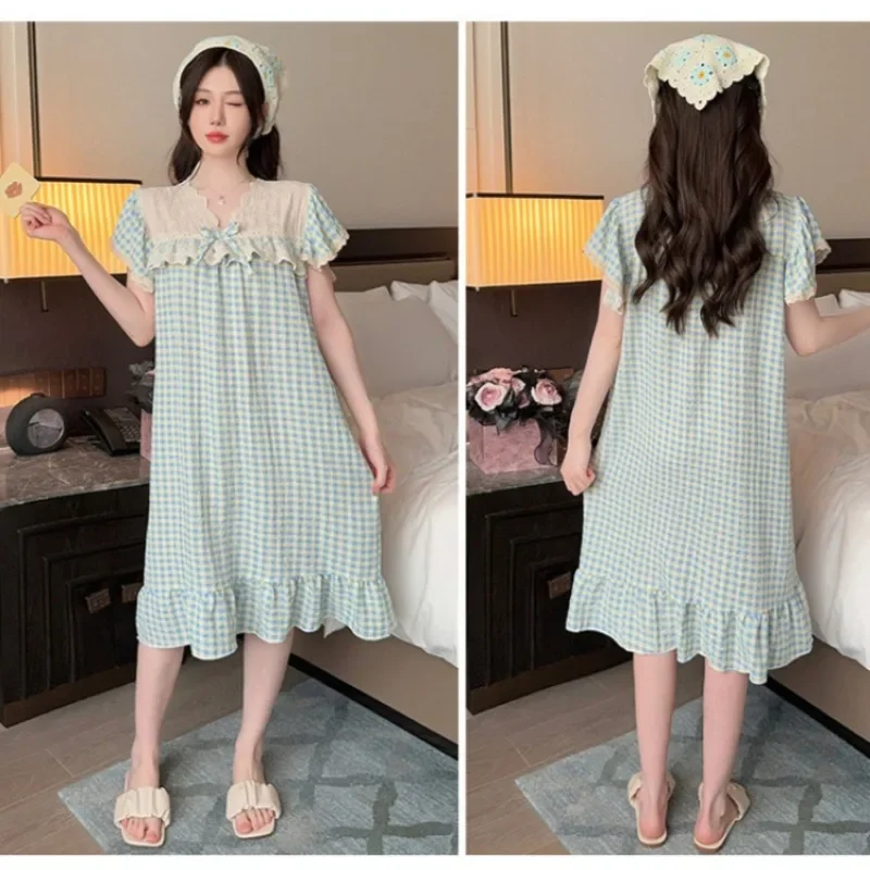 110KG 5XL Plus Size Womens Home Dress Loose Princess Sleepshirt Japanese Students Plaid Nightgown Ladies Short Sleeve Loungewear