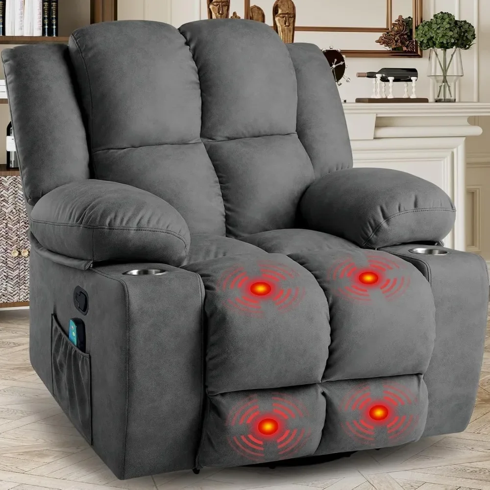 Oversized Swivel Rocking Recliner Chairs for Adults, Lazy Boy Reclining Glider with Cup Holder and Massage