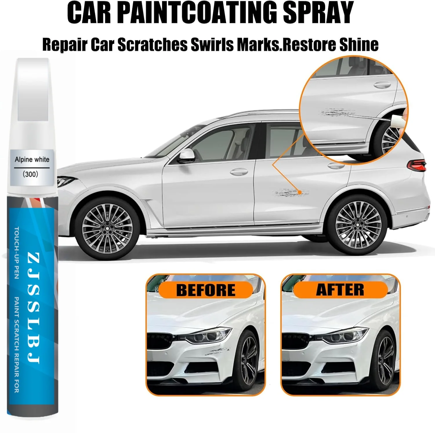 Car Touch Up Paint(Alpine White(300)) for BMW, Car Paint Scratch Repair Kit, Quick & Easy Solution to Repair, 2 in 1 Scratch Rem