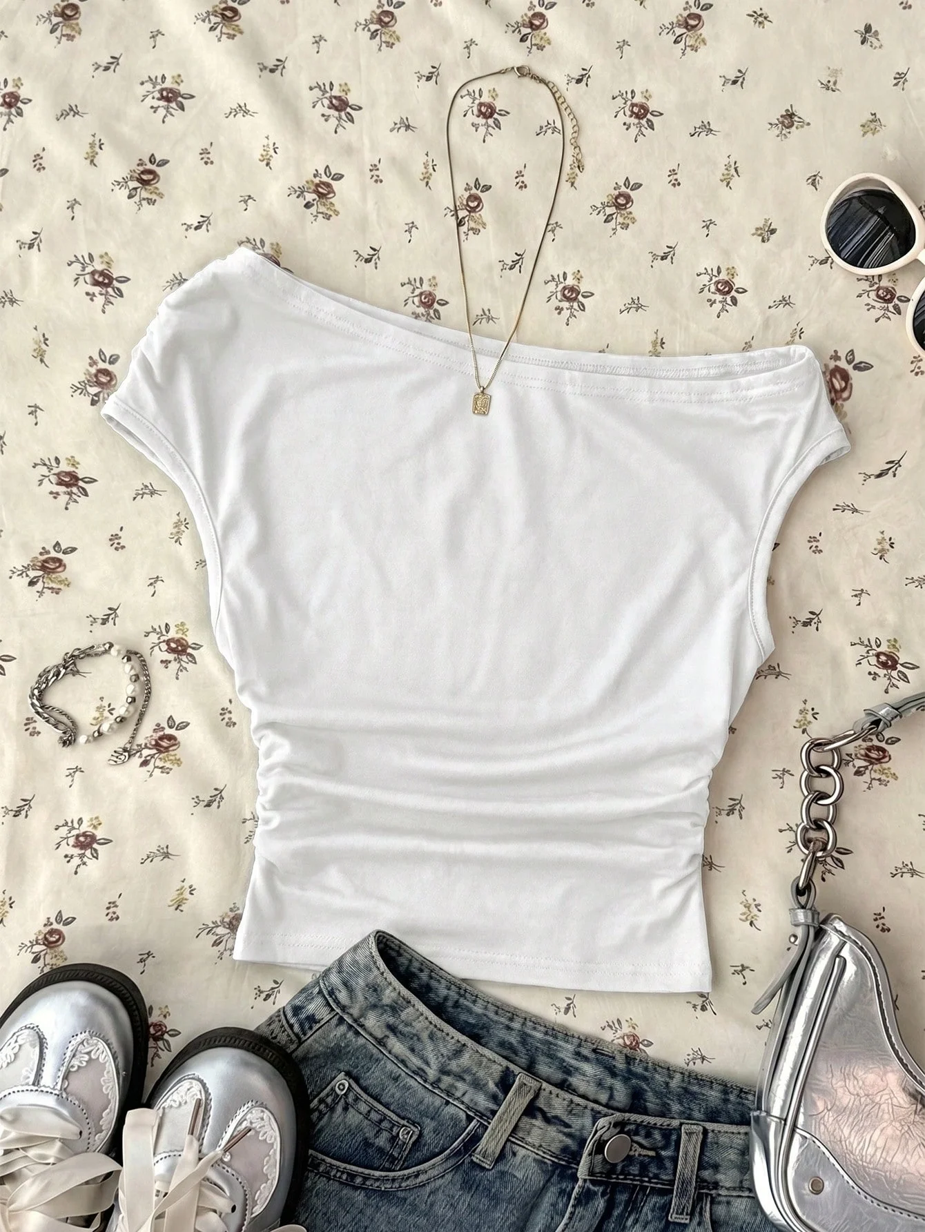Women Two Piece Outfits One Shoulder Cap Sleeve Crop Top Solid Side Ruched Slim Fit Casual Daily Wear Women Tops Set