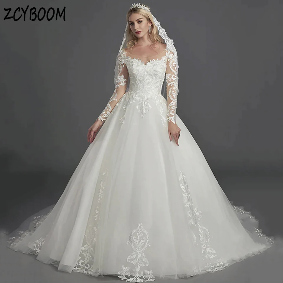 

Elegant O-Neck Long Sleeves Appliques White Wedding Dress 2024 Ball Gown Floor Length Sweep Train Tulle Zipper Bridal Gown