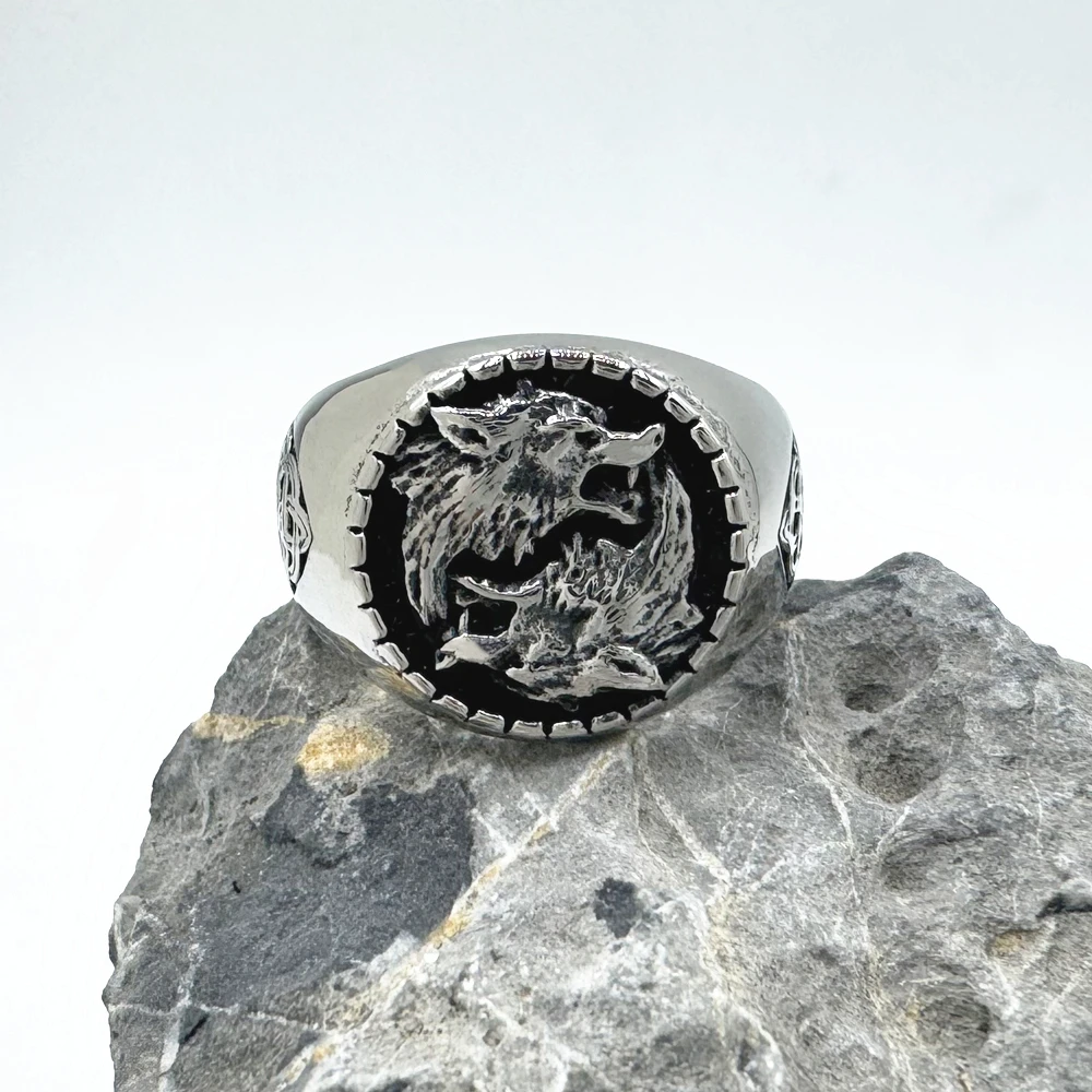 Golden Silver Viking Solid Wolfs Ring 316L Stainless Steel Jewelry Biker Punk Celtic Knot Ring Size 7-13