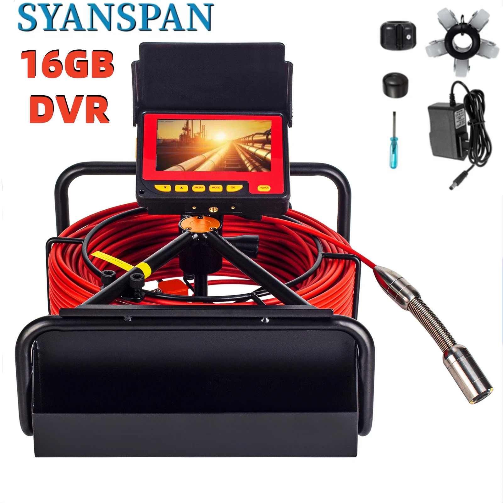 SYANSPAN 23MM Pipe Inspection Camera 16GB SD Card DVR Video Recording,Sewer Drain Industrial Endoscope 8500MHA Battery 20/30/50M