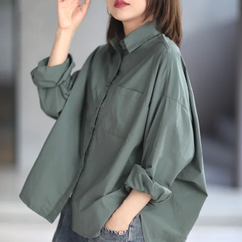 Women's Shirt Turn-down Collar Long Sleeve Casual Simple Basic Solid Harajuku Chic Daily Streetwear Clothing Spring Summer