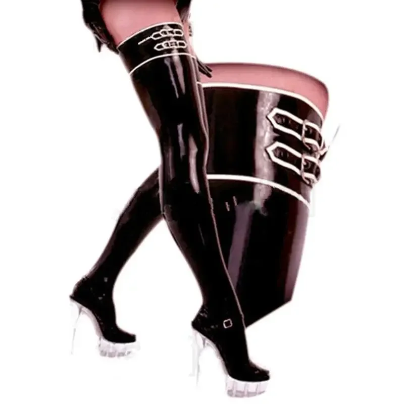 

Черные латексные резиновые чулки для косплея с ремнями, длинные носки для маскарада для мужчин и женщин, размеры S-XXL, костюмная обувь из резины.